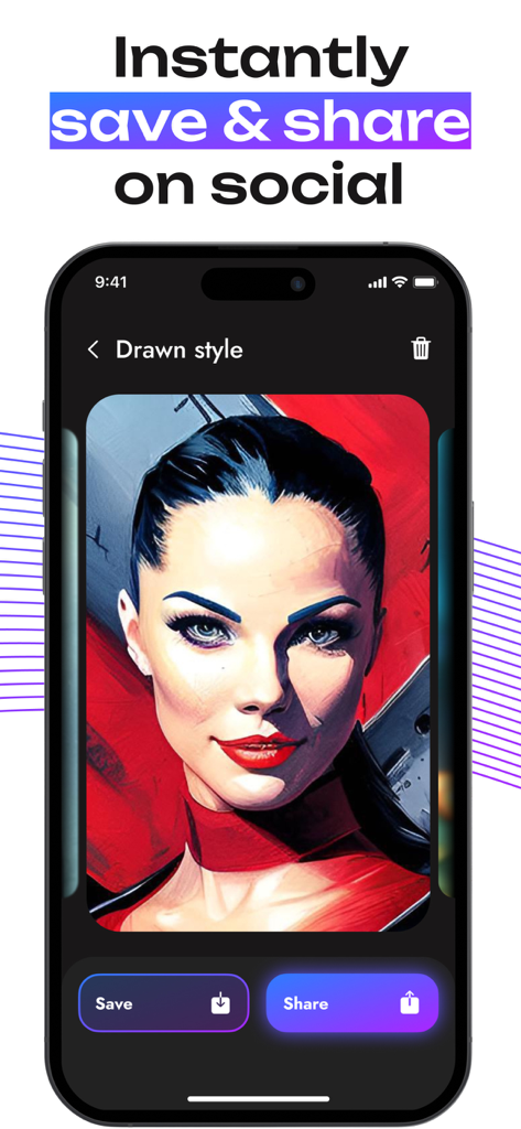 Avatarro - AI Art Avatar Maker - A smartphone showing an AI-generated artistic portrait with buttons to save and share the image on social media.