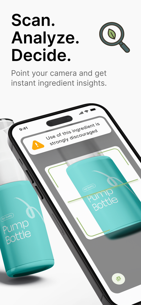 Mobile app screen showing a skincare product being scanned for ingredient safety insights and a warning message