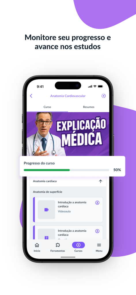 Jaleko - Curso de Medicina - Interface do aplicativo Jaleko mostrando uma barra de progresso para um curso de anatomia cardiovascular e uma videoaula com um médico.