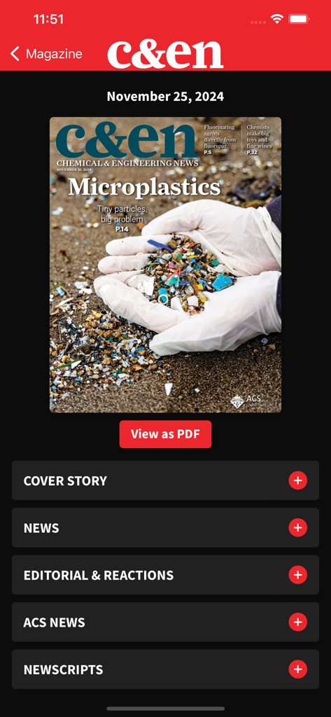 Digital cover of the C&EN magazine on the Chemistry News app featuring a story on microplastics