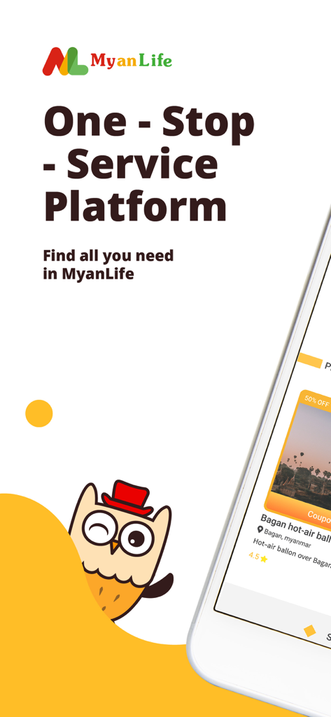 MyanLife - ミャンマーの旅行とライフスタイルのためのワンストップサービスプラットフォームを表示するMyanLifeアプリインターフェース