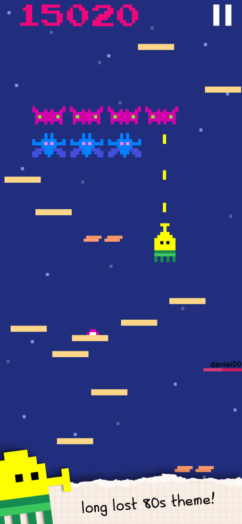 Doodle Jump - Jogabilidade de Doodle Jump mostrando o tema pixel art retro dos anos 80 com inimigos estilo 'space invader'