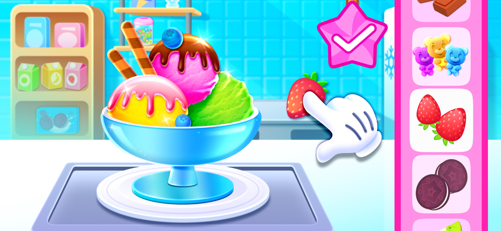 Child using a drag and drop interface to decorate colorful ice cream scoops with strawberries and candies in an educational cooking game.
