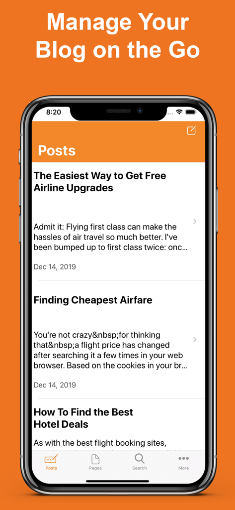 Pantalla de un smartphone que muestra la sección de gestión de entradas de la aplicación Blog for Blogger