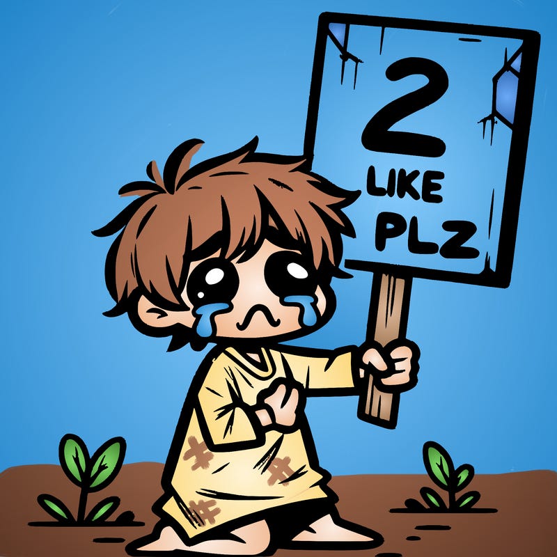 small poor toddler crying with sign that says 2 like plz