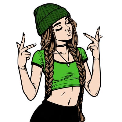 realistic teenage girl with braids and a beanie and crop top doing 🫶🏼