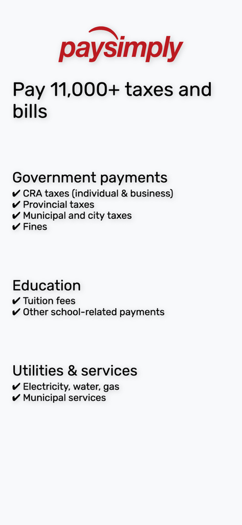 PaySimply app screen showing various Canadian tax and bill payment categories