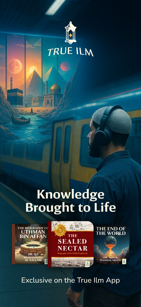 True Ilm: Audiobooks & eBooks - A man listening to Islamic audiobooks on a train featuring the True Ilm app and classic book covers.