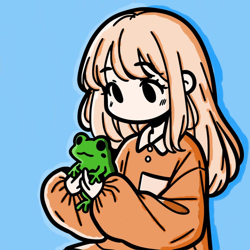 girl with long hair and a oversized shirt. and she is holding a frog