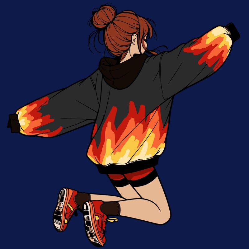 realistic girl jumping with a bun and oversized sweatshirt