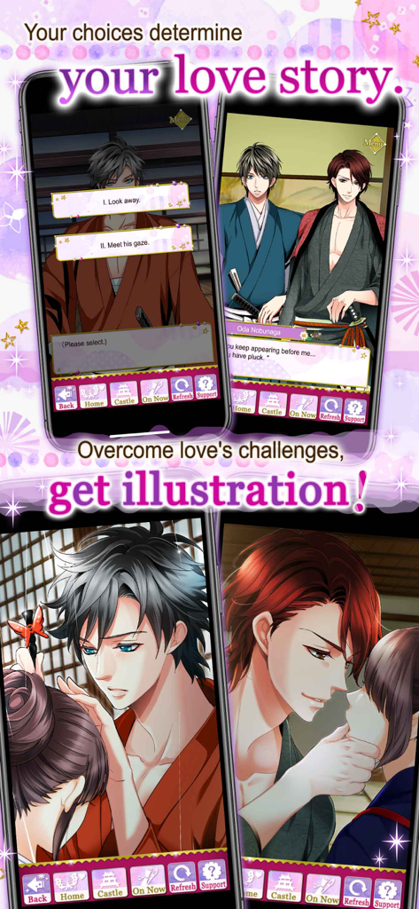 Spiel-Screenshots mit interaktiven Romantik-Entscheidungen und Anime-Illustrationen aus Samurai Love Ballad PARTY