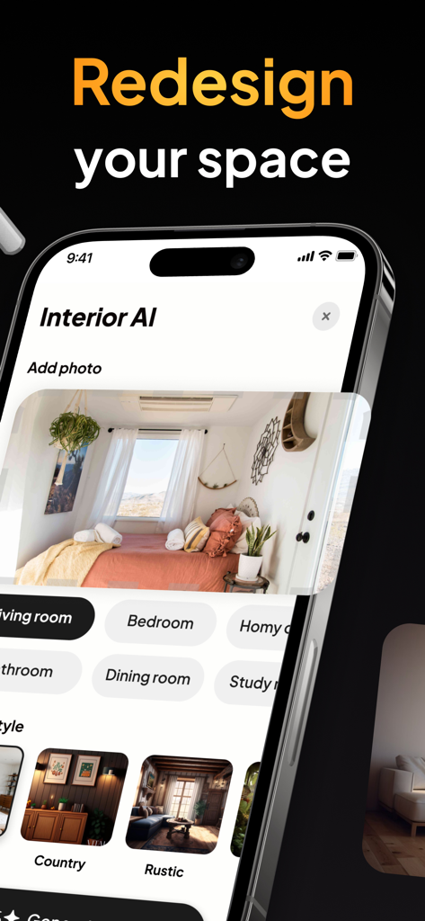 ReHome: AI Interior Design - Interface do aplicativo ReHome mostrando opções para redesenhar cômodos usando estilos de IA como country e rústico