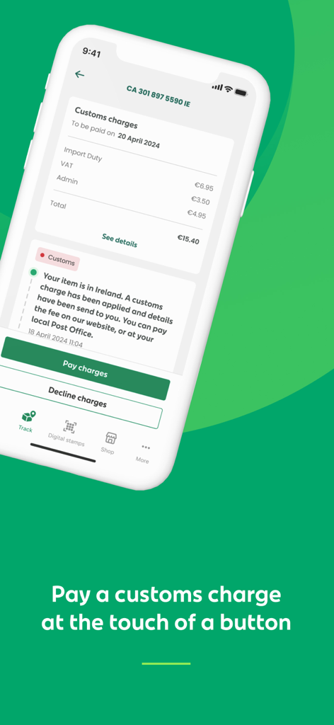 An Post: Track & Manage - An Post app interface displaying a breakdown of customs charges and a pay charges button for international shipping.