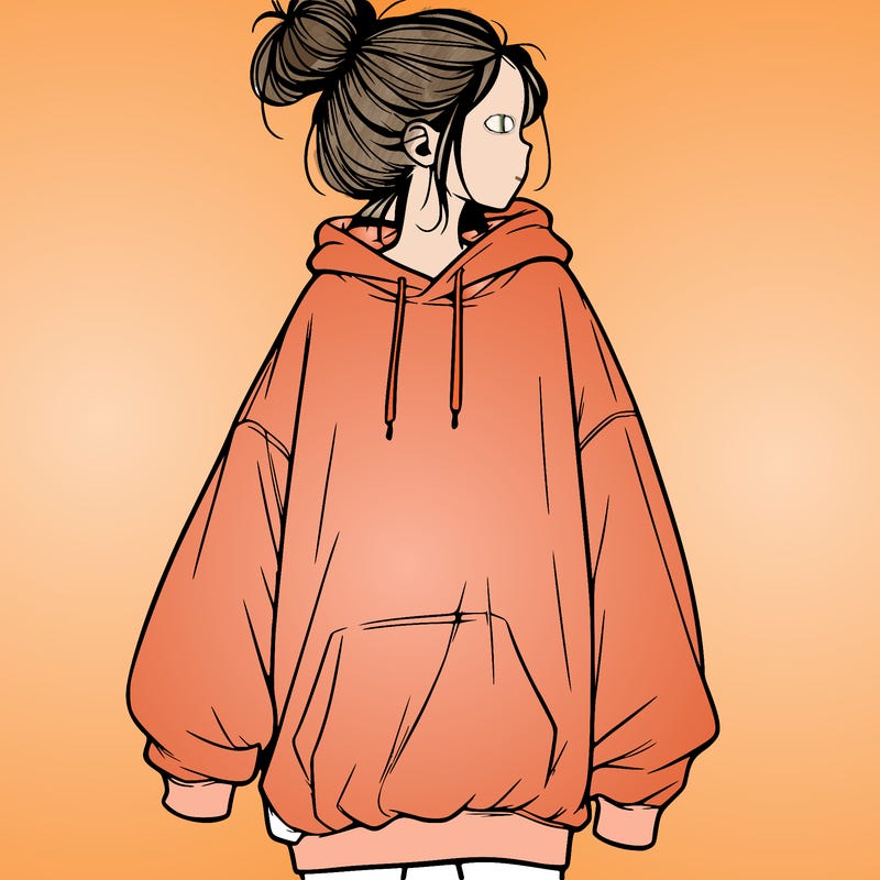 realistic girl with a oversized sweatshirt on and a bun
