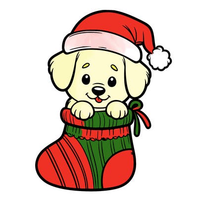 cute puppy wearing santa hat in socking