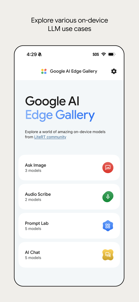 Google AI Edge Gallery - The main menu of Google AI Edge Gallery displaying on-device AI tools like Audio Scribe and Prompt Lab.