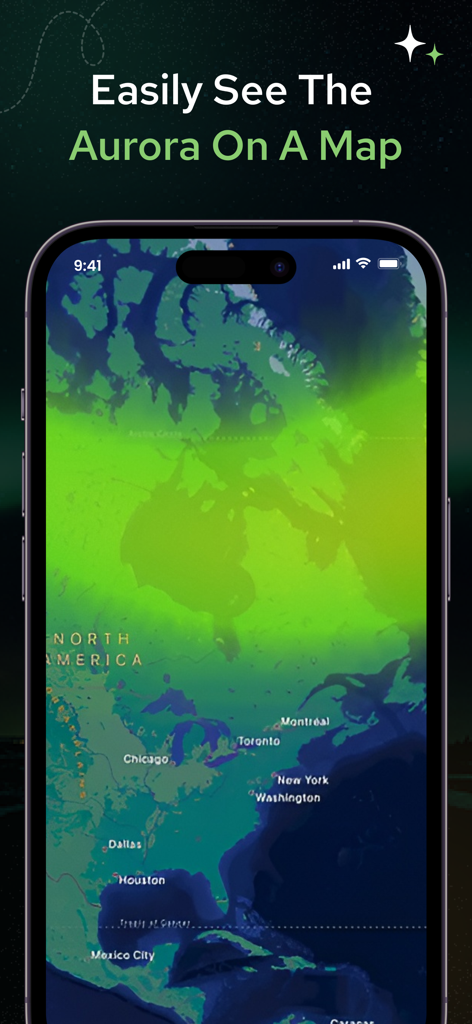 Aurora Forecast - Aurora Track - A smartphone screen displaying a real-time aurora borealis activity map over North America.