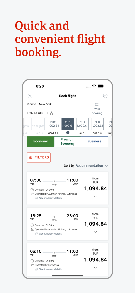 Austrian app flight booking screen showing flight search results from Vienna to New York
