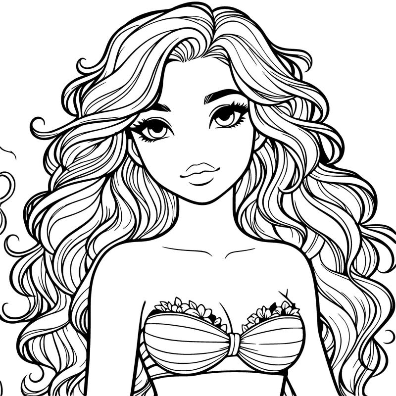 realistic girl with wavy hair and a bikini top on