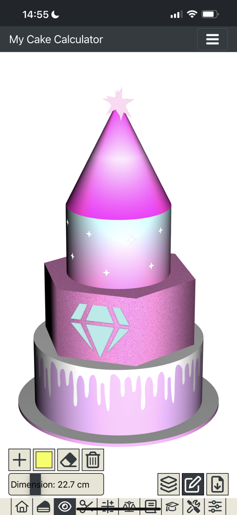 3D preview of a multi tiered custom cake in the My Cake Calculator app