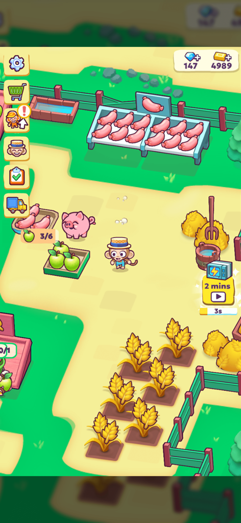 Monkey Mart - Jugabilidad de Monkey Mart mostrando un personaje mono cerca de cultivos de granja y un cerdo