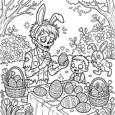 Prepare for a truly one-of-a-kind Easter celebration with this Necromantic Zombie coloring page. Join the undead family as they bring a macabre twist to egg decorating, perfect for those who love spooky fun.