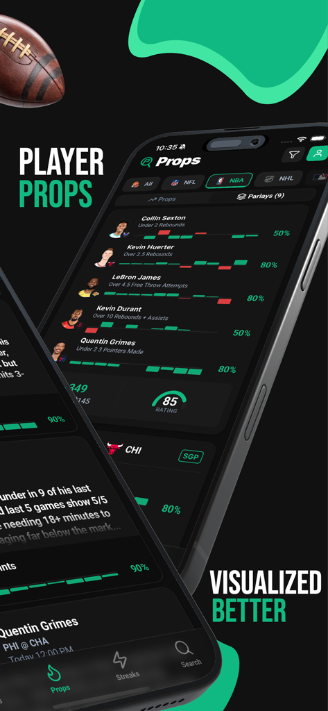 Interfaz de la aplicación móvil ParlayLens mostrando análisis de props de jugadores de la NBA y estadísticas de apuestas con datos estadísticos visuales.
