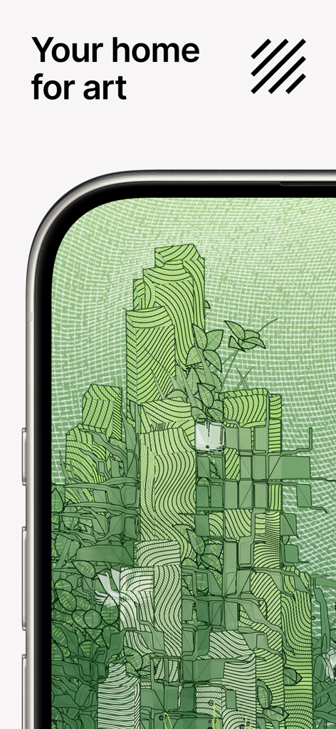 Digital generative art displayed on the Deca Art mobile app with the header Your home for art