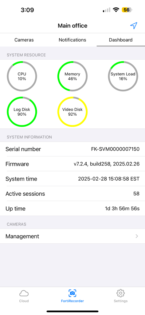 FortiCamera - FortiCamera app dashboard displaying system resource gauges for CPU memory and disk usage along with recorder system information.
