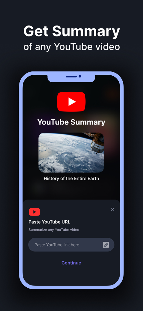 VisualMind: AI MindMap/Chatbot - A smartphone screen displaying the YouTube video summary feature of the VisualMind app where users can paste a link to get an instant AI summary.