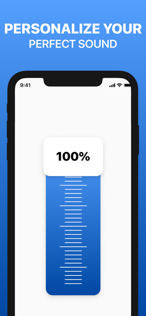 Hearing Aid app & Amplifier - Hearing aid app interface featuring a vertical volume slider at 100 percent and the heading Personalize Your Perfect Sound