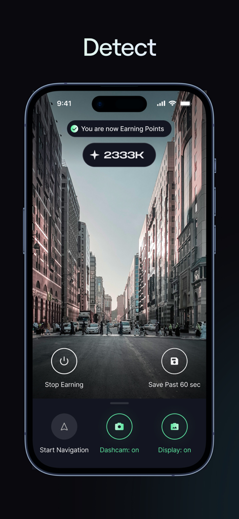 NATIX Drive& - Interface of the NATIX Drive and app showing real time AI dash cam detection and points earned while driving through a city