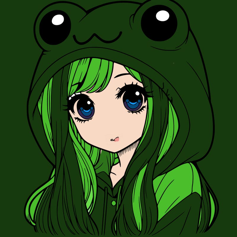 a pretty girl wearing a frog hoodie portrait with long hair