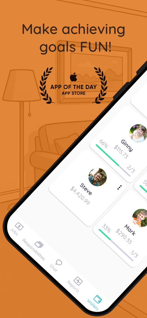 Homey - Chores and Allowance - Homey app dashboard showing family member chore progress and allowance balances.