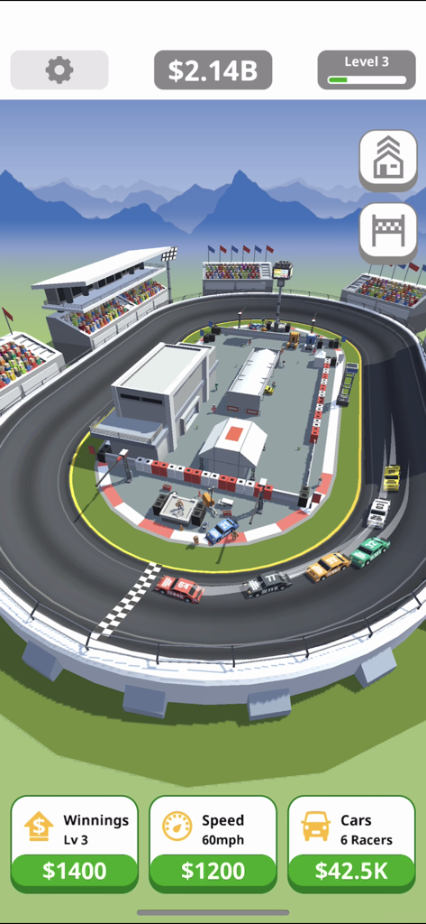 Vista aérea de una pista de carreras de coches de serie en Carreras de Tap Inactivo con coches y botones de mejora