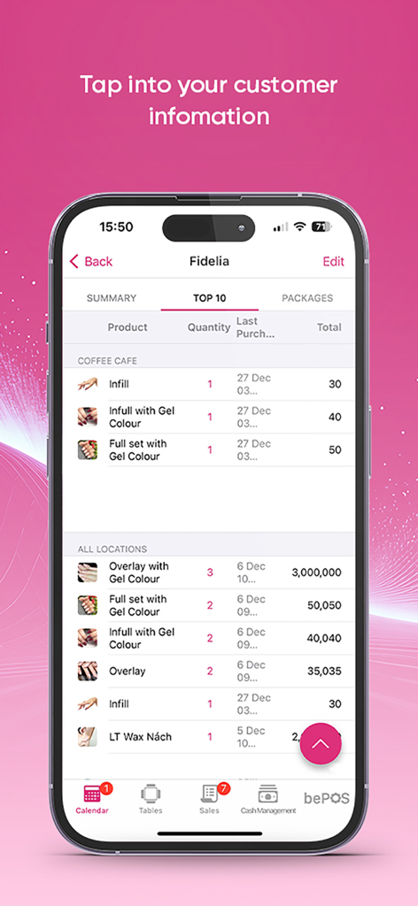 bePOS - Super Point of Sale - bePOS app screen showing a customer's top purchase history for services like nail infills and gel color.