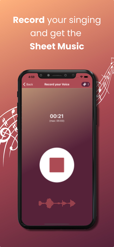 Sing2Notes - Sing2Notes app interface for recording vocal melodies to create sheet music