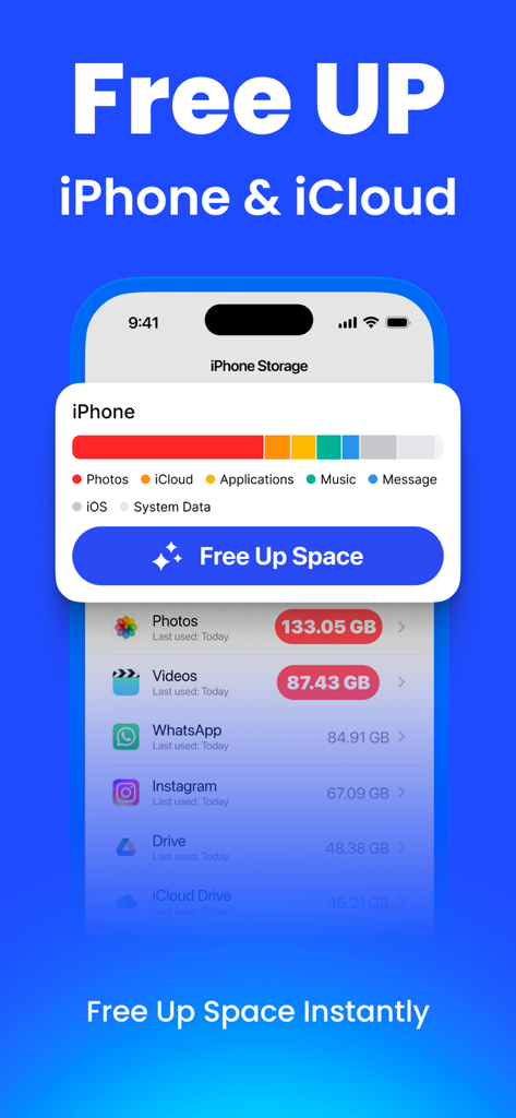 PureDefend: Security & Cleaner - A mobile interface of the PureDefend app showing a breakdown of iPhone and iCloud storage usage with a prominent Free Up Space button.