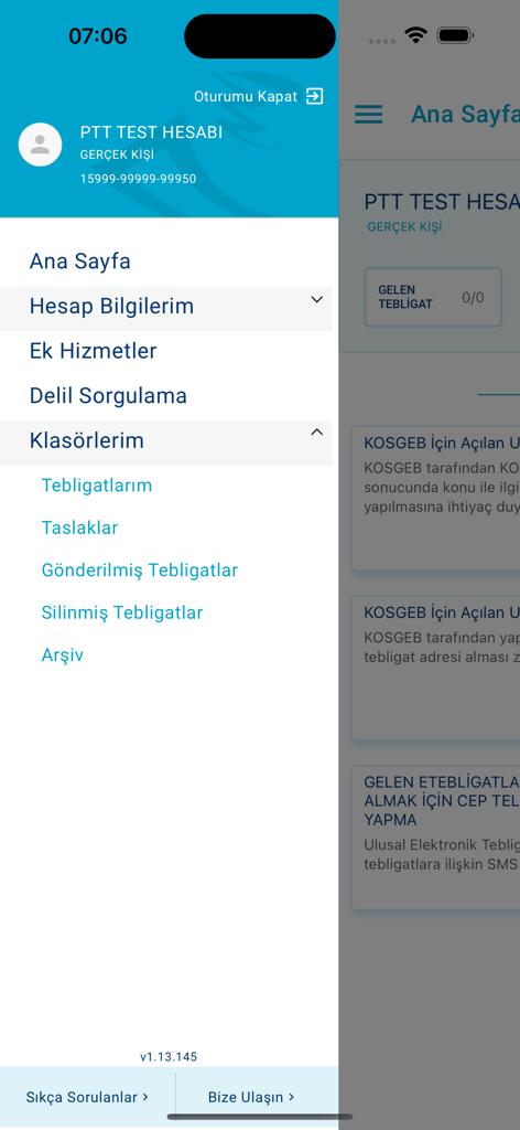UETS - Menu de navegação lateral do aplicativo móvel UETS exibindo informações da conta e pastas de documentos em turco