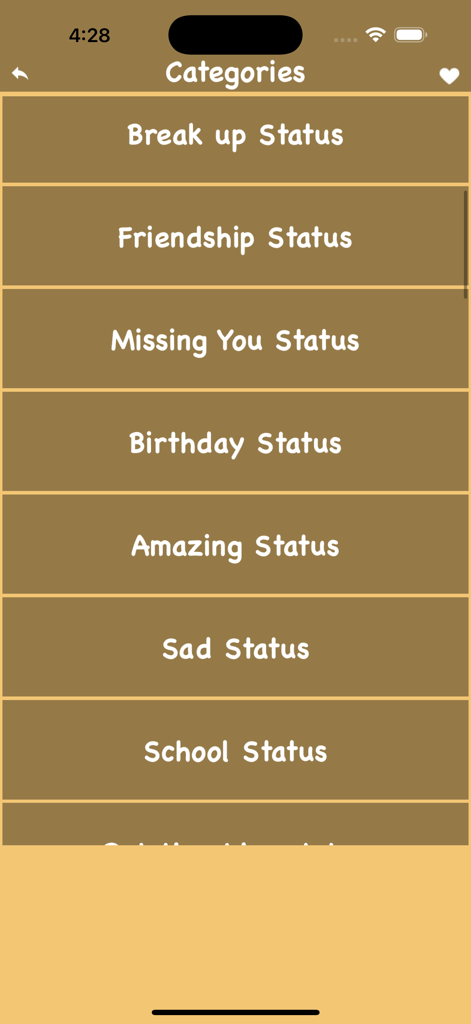 Best Status & Cool Quotes fact - A list of status and quote categories including Break up, Friendship, and Sad status.