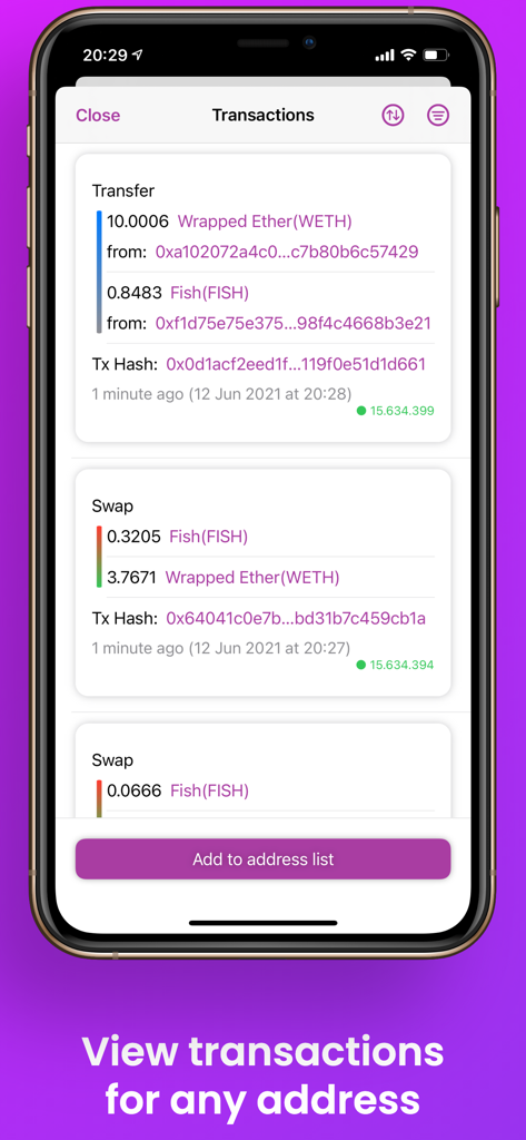 Detailed view of crypto transactions and swaps on the Polygon network within the app.