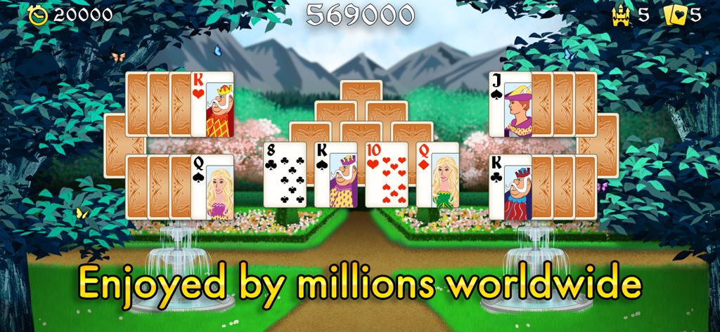 Magic Towers Solitaire - Gameplay of Magic Towers Solitaire featuring Tri-Peaks card layout in a beautiful fantasy garden