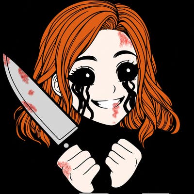 a realistic girl holding a knife and grinning