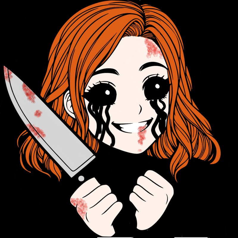 a realistic girl holding a knife and grinning