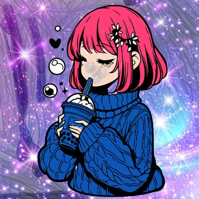 manga girl drinking boba in cozy sweater
