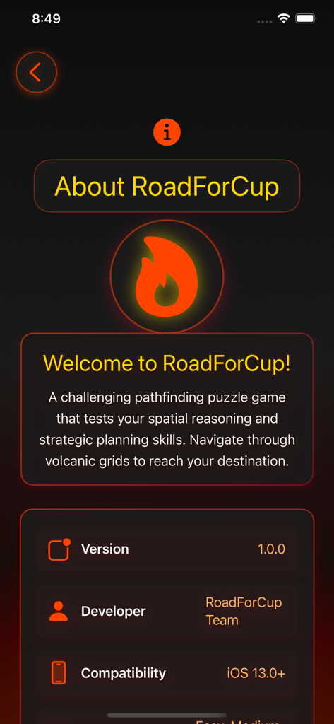 La pantalla Acerca de de RoadForCup que muestra la descripción del juego y detalles técnicos como la versión y la compatibilidad.