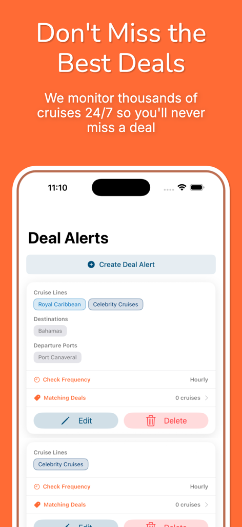 Kelly's Cheap Cruise Deals - Mobile app screen showing the deal alerts feature for tracking specific cruise lines and destinations