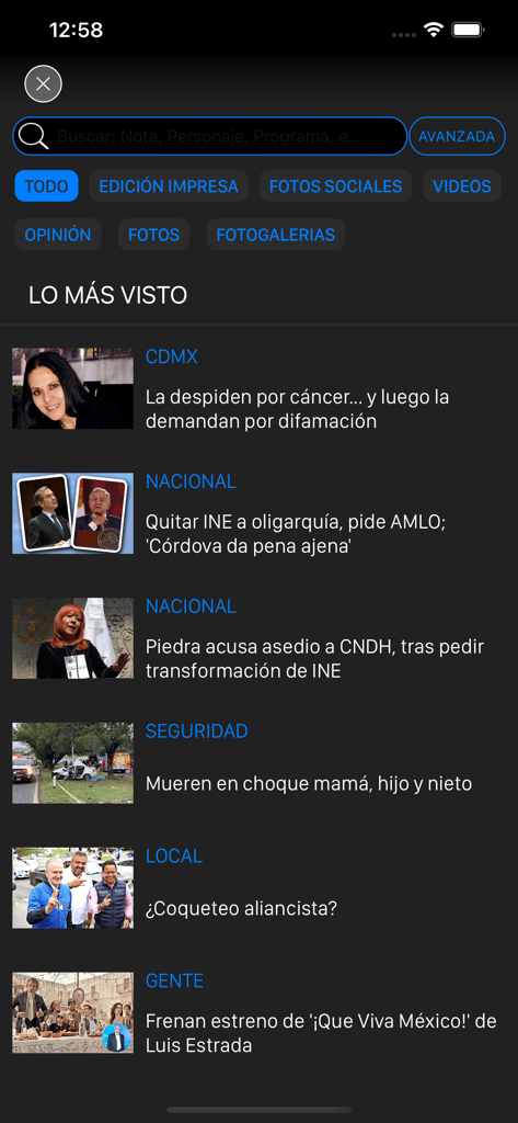 Pantalla de búsqueda de la aplicación EL NORTE mostrando los artículos de noticias más vistos y filtros de categoría