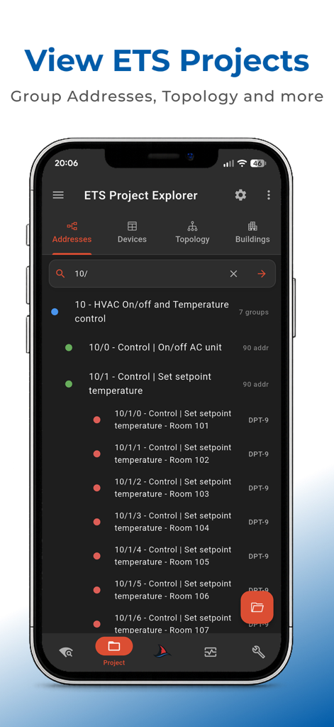 SharKNX - La aplicación SharKNX muestra las direcciones de grupo del proyecto ETS y los controles de temperatura HVAC en un iPhone