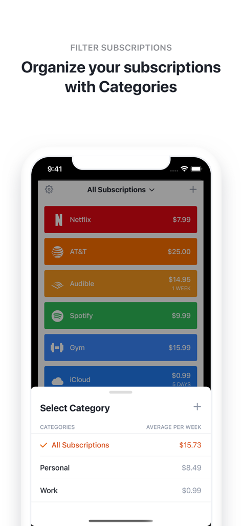 iPhone screen displaying the subscription categories feature in Bobby app to organize personal and work expenses